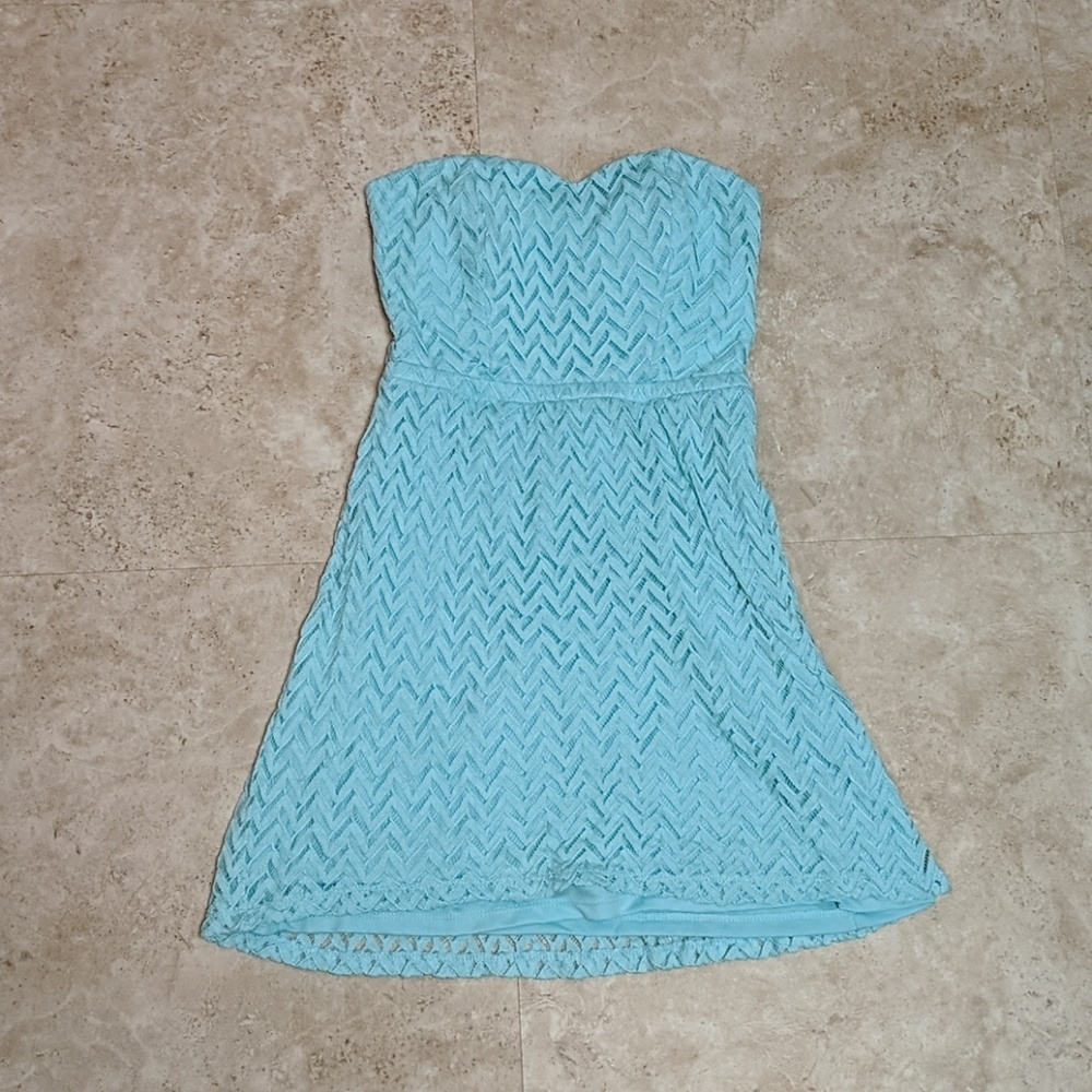 Mint chevron lace strapless dress with bow back